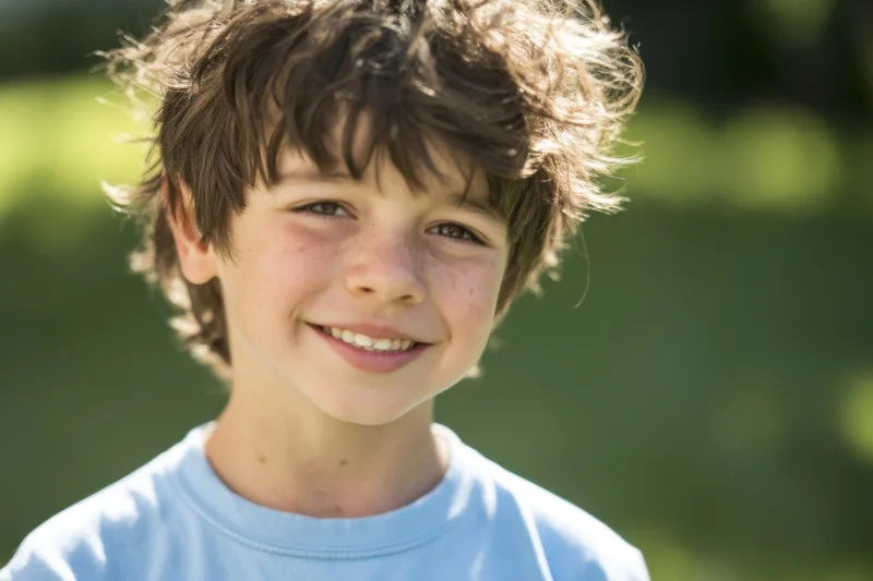 Smiling boy with tousled brown hair outdoors in sunlight