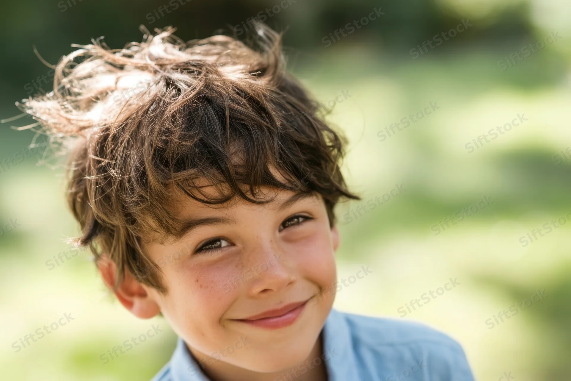 Young boy with tousled brown hair smiling warmly outdoors in a sunlit park