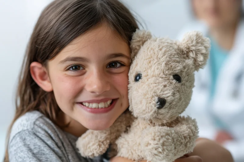 Young girl smiling while hugging a soft teddy bear indoors