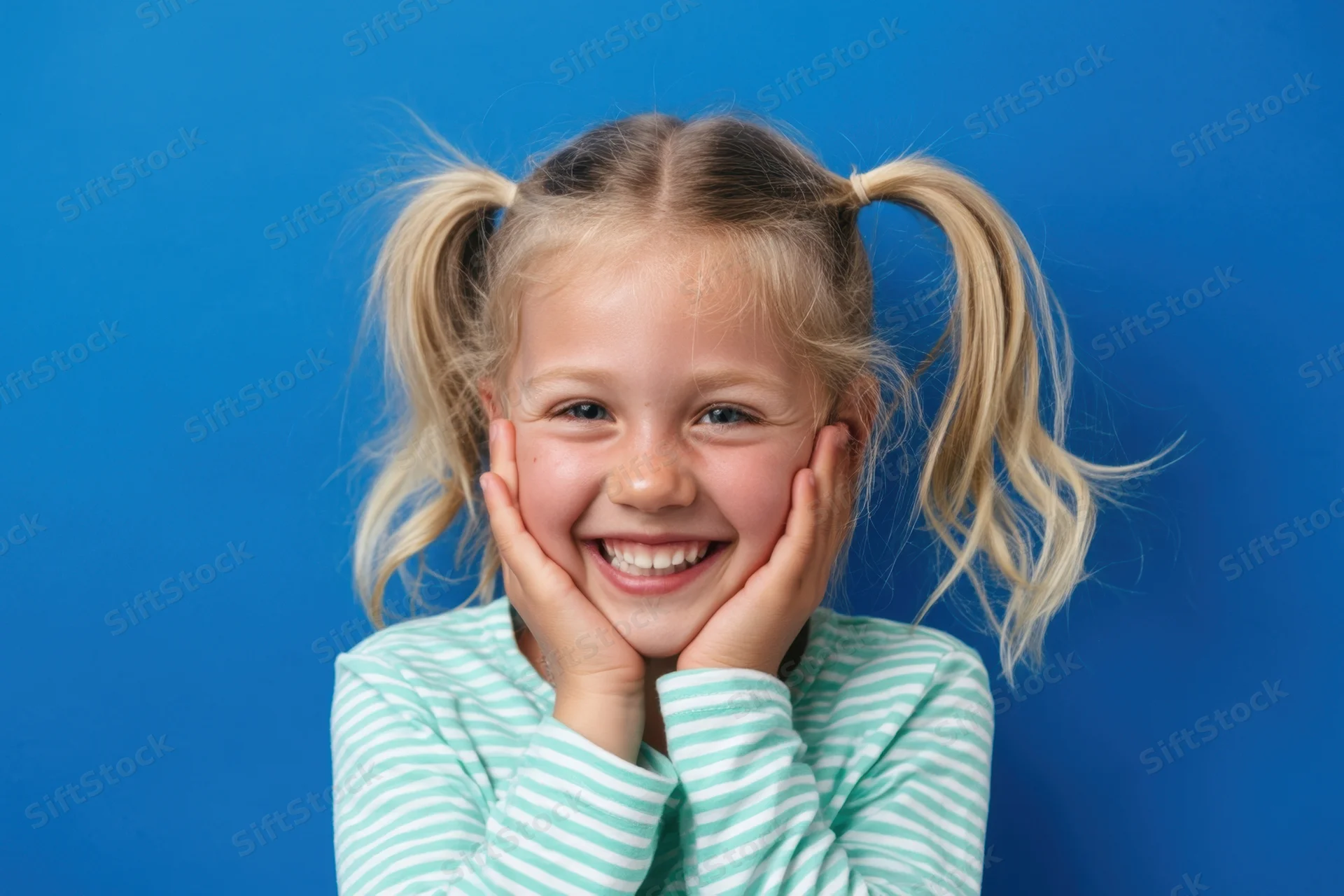 Young girl with blonde pigtails smiling with hands on cheeks against blue background