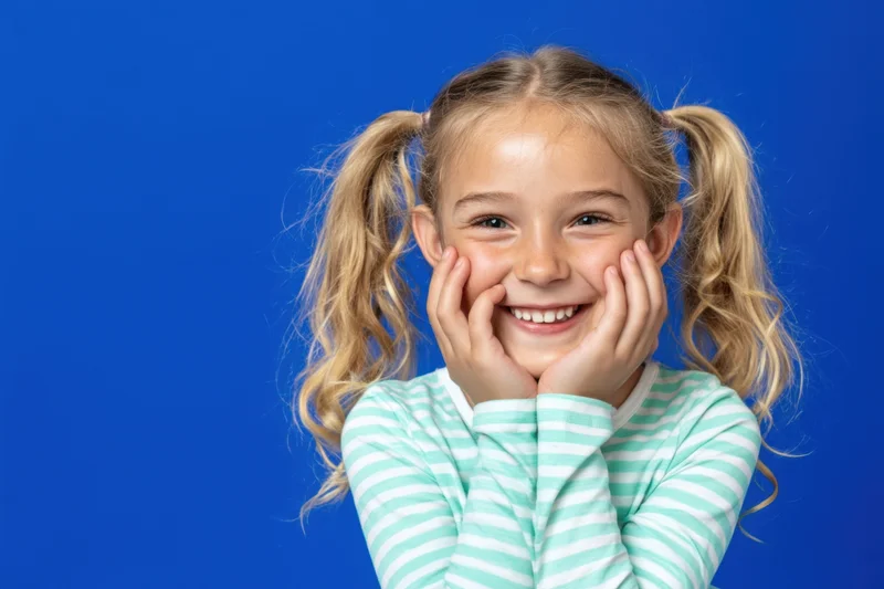 Young girl with blonde pigtails smiling with hands on cheeks against blue background