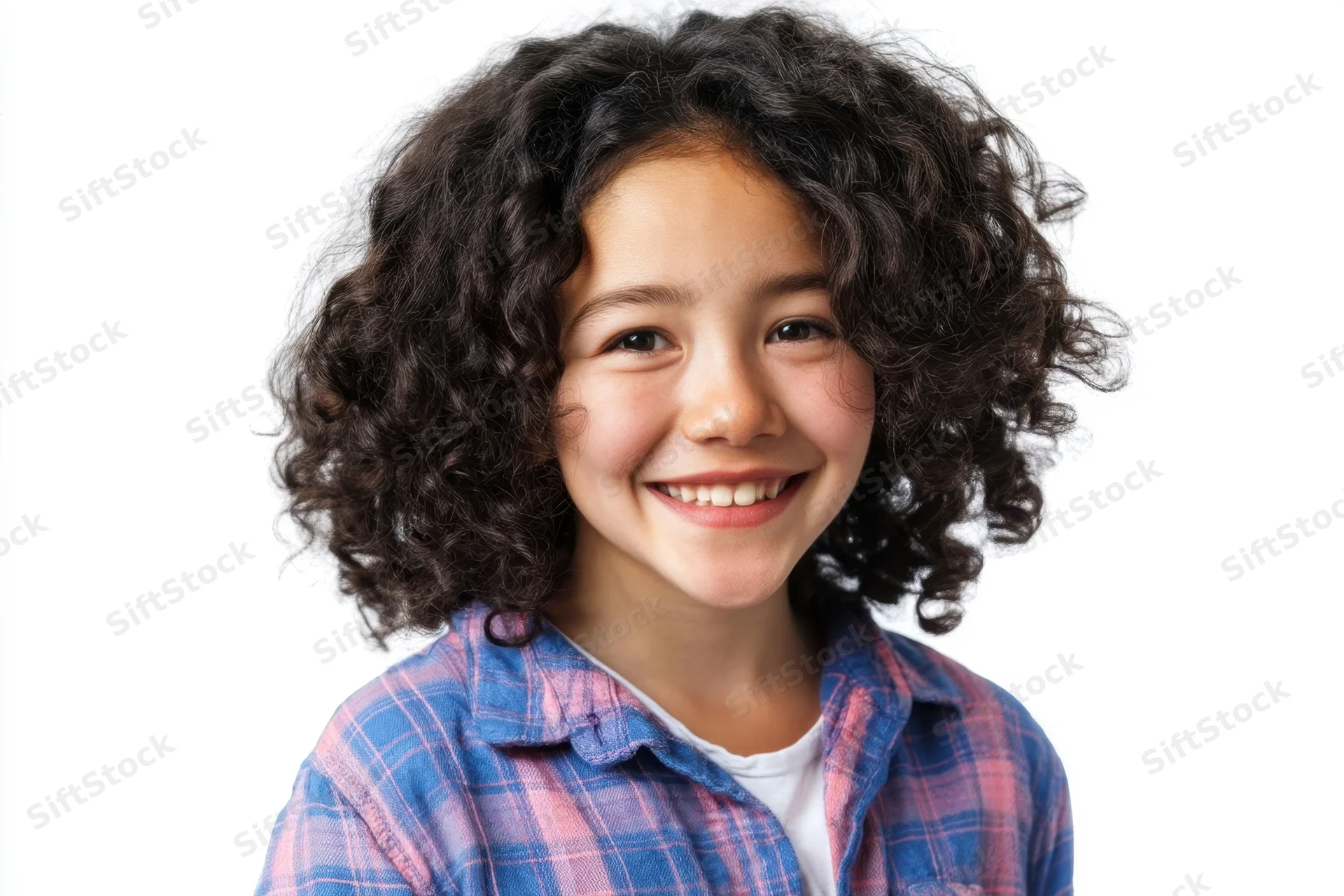 Young girl with curly black hair smiling in a blue and pink plaid shirt against white background