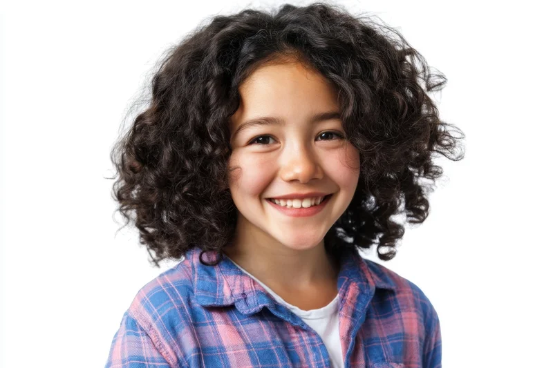 Young girl with curly black hair smiling in a blue and pink plaid shirt against white background