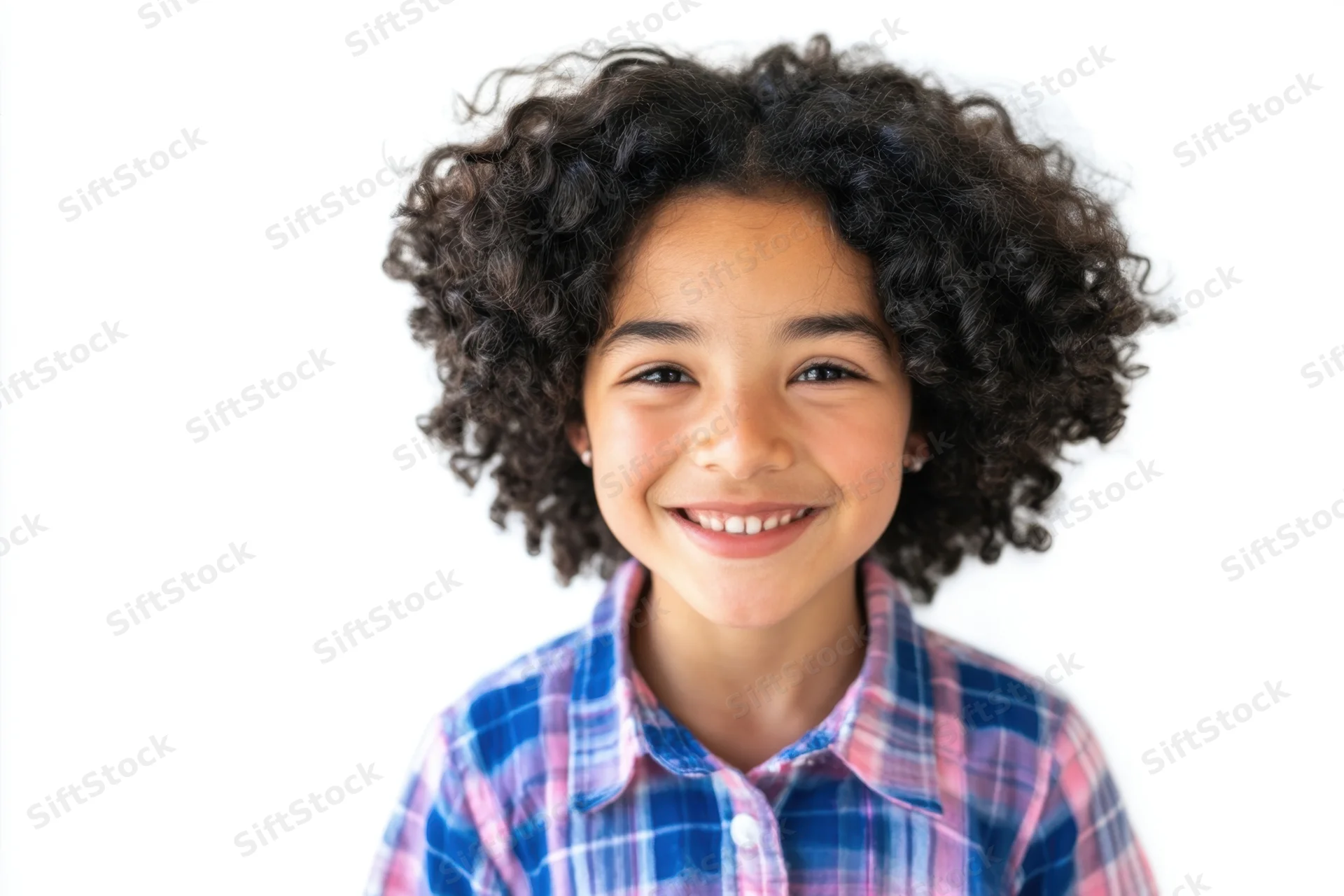 Young girl with curly black hair smiling in a blue and pink plaid shirt against a white background