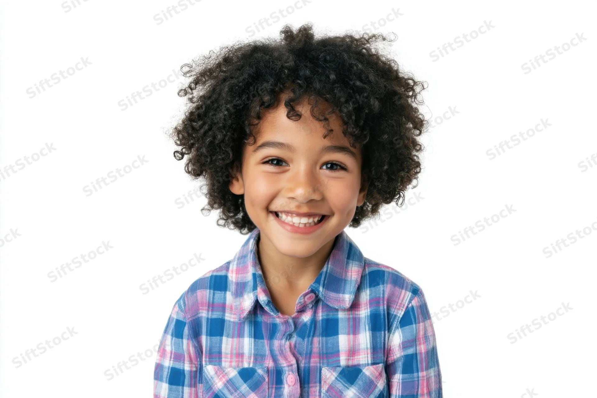 Young girl with curly black hair smiling in a blue and pink plaid shirt against a white background