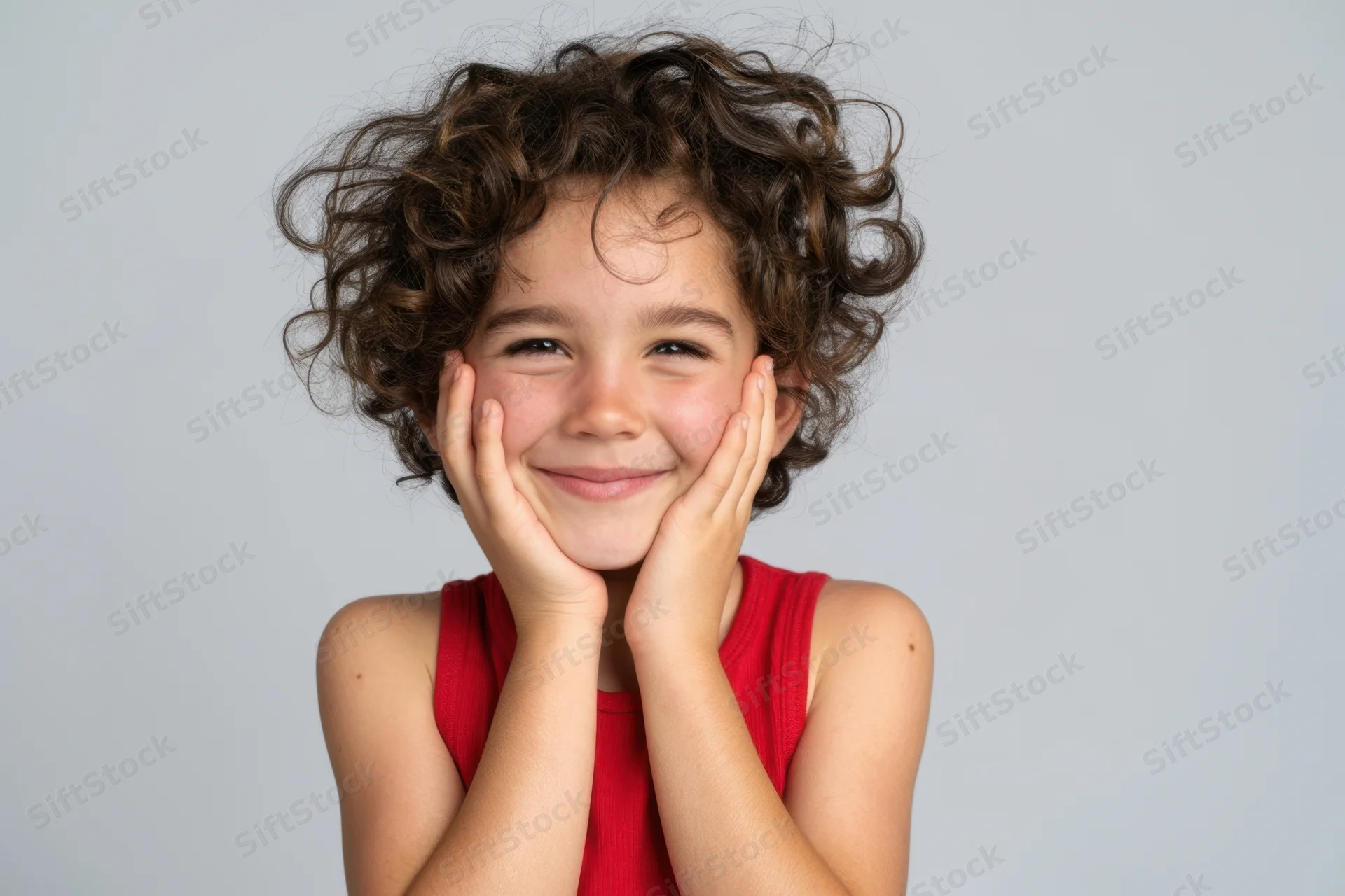 Young girl smiling with hands on cheeks in red sleeveless top against white background