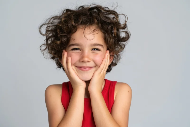 Young girl smiling with hands on cheeks in red sleeveless top against white background