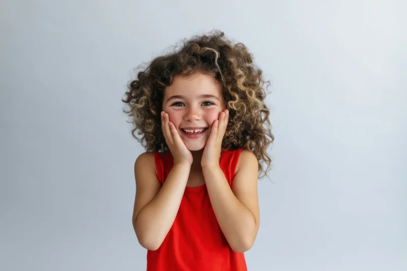 Young girl smiling with hands on cheeks in red sleeveless dress against white background