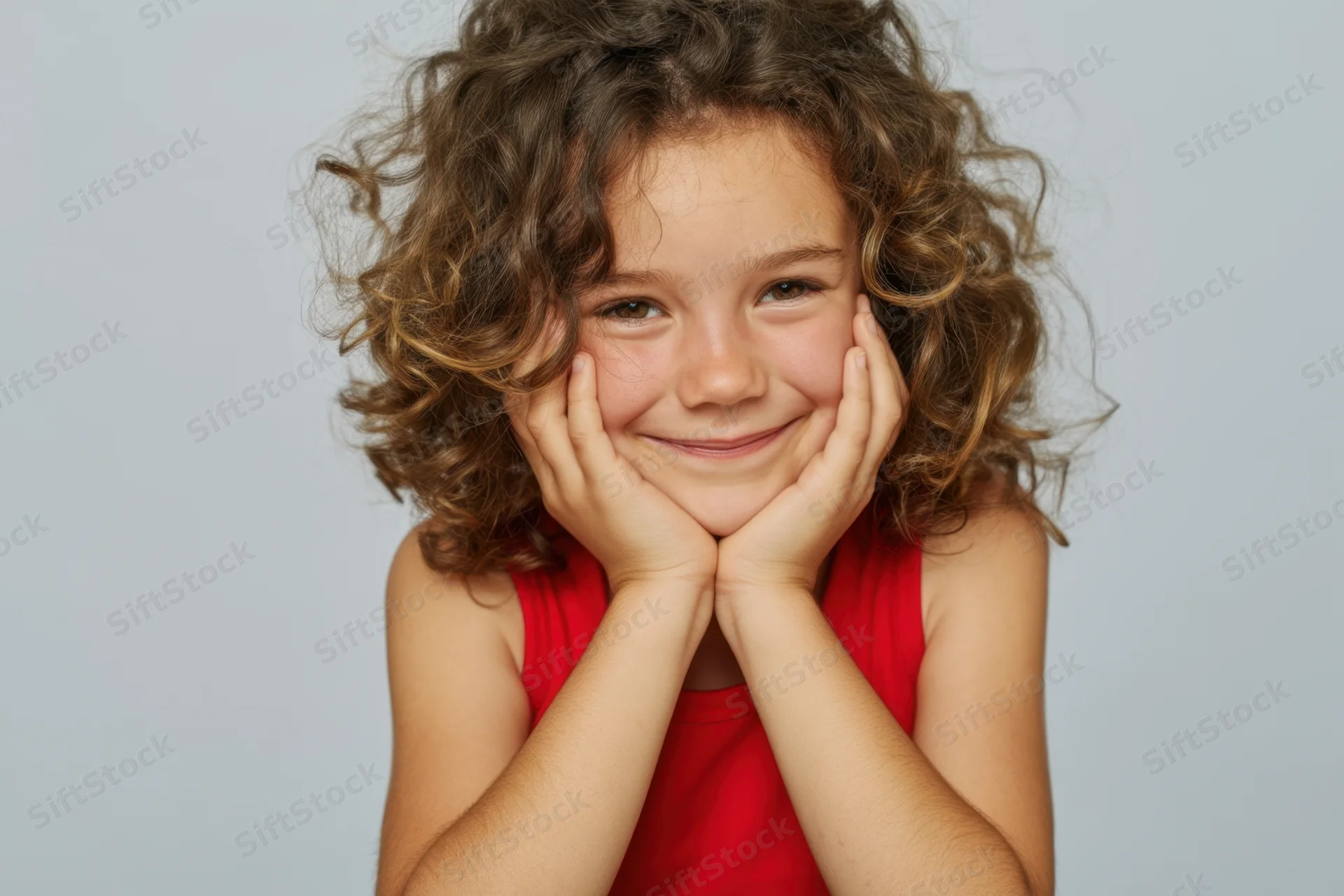 Young girl smiling with hands on cheeks in red sleeveless top against light background