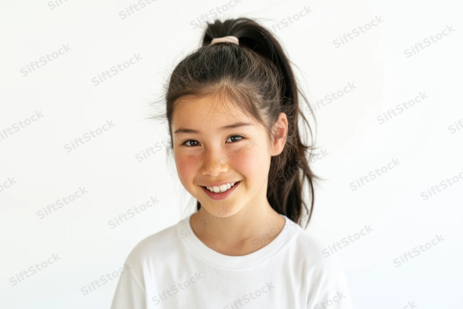 Smiling young girl with dark hair in high ponytail wearing white tshirt against white background