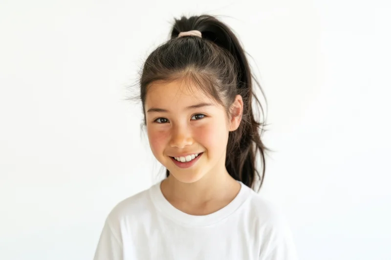 Smiling young girl with dark hair in high ponytail wearing white tshirt against white background