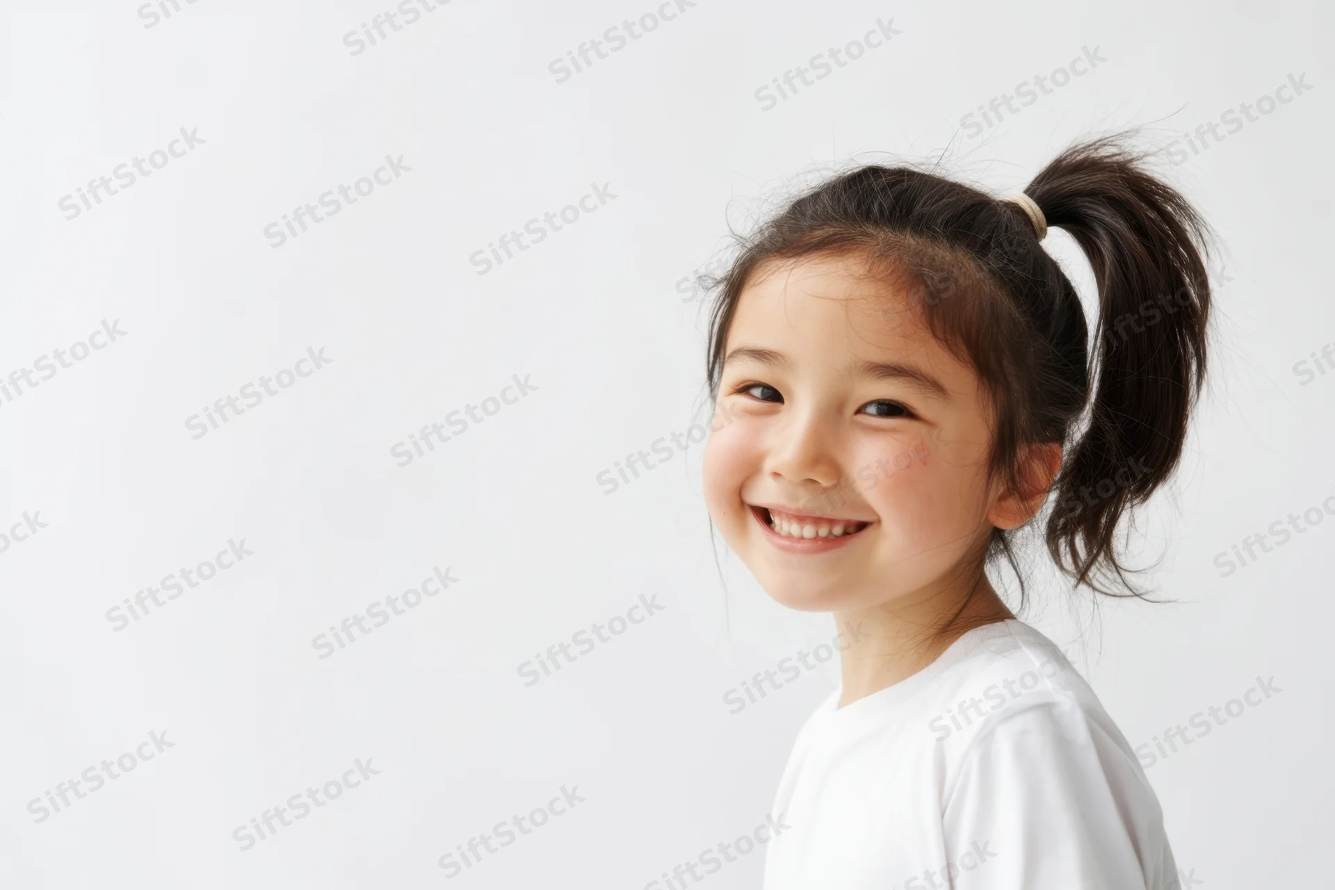 Young girl smiling with dark hair in high ponytail against white background