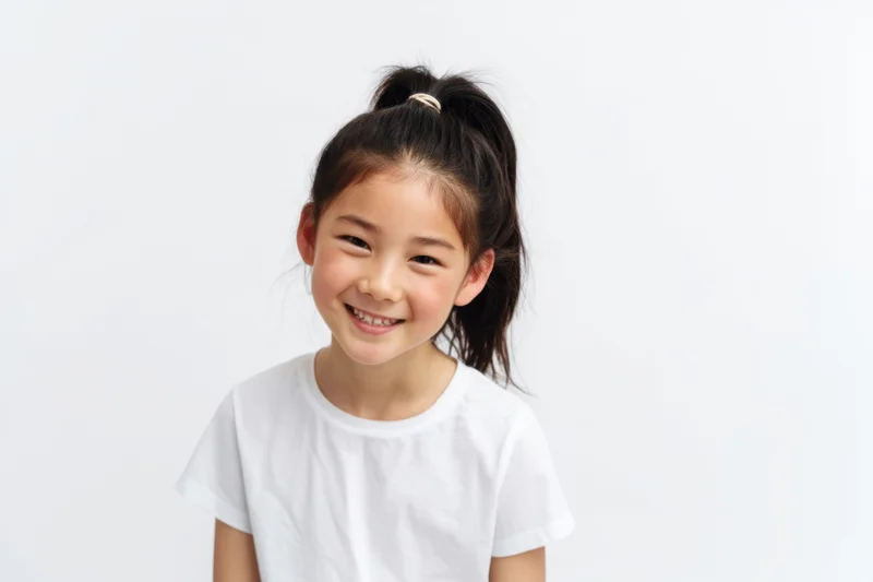 Young girl smiling with dark hair in high ponytail against white background