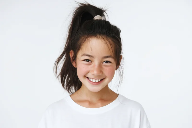 Young asian girl smiling with dark hair in high ponytail against white background