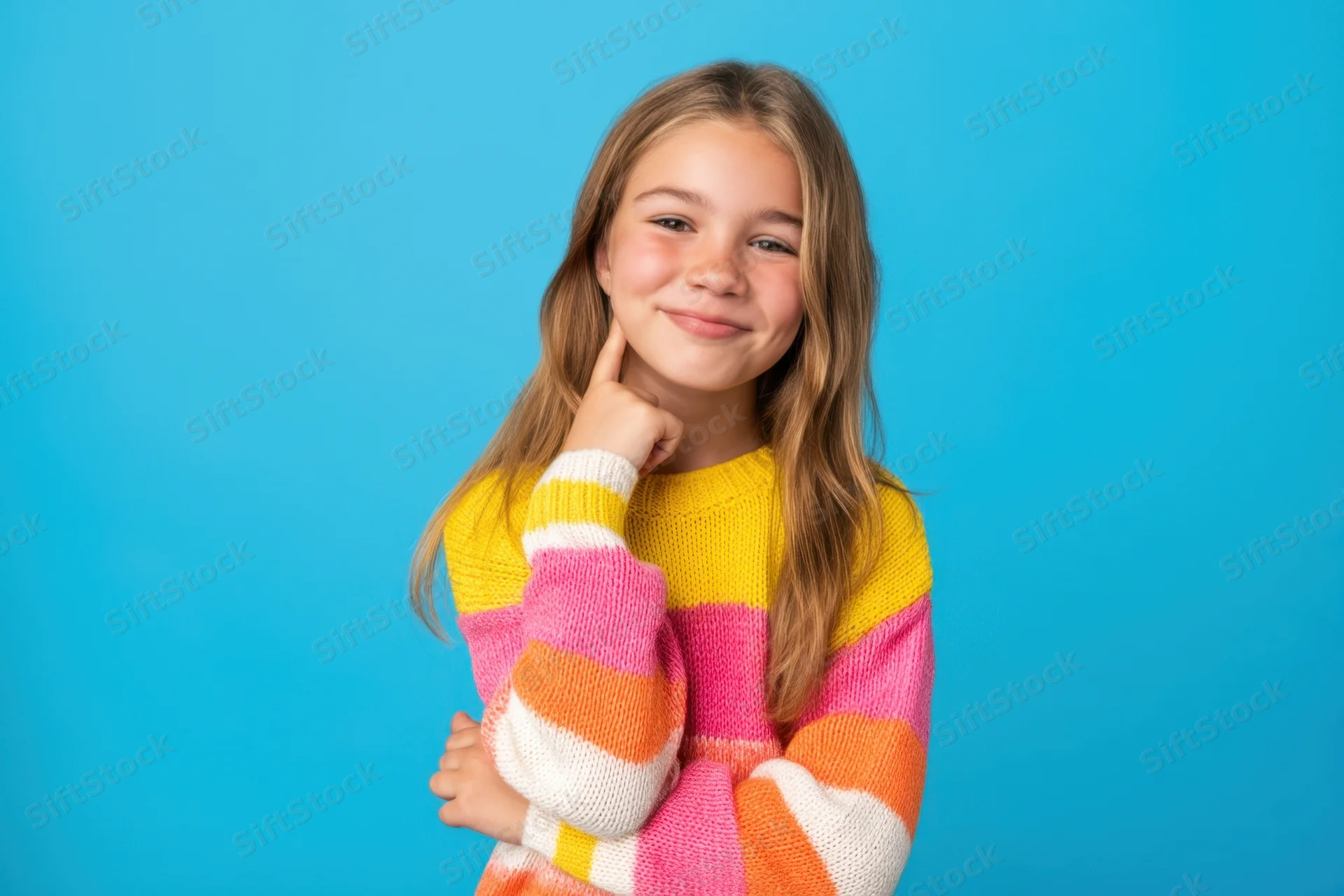 Young girl smiling with hand on chin in colorful striped sweater against blue background