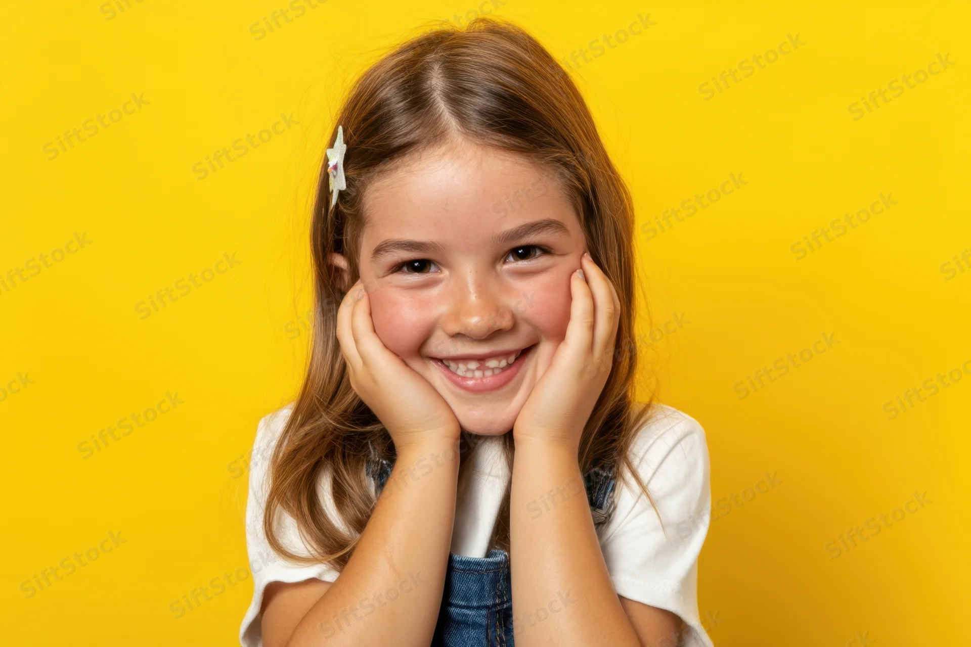 Young girl smiling with hands on cheeks against yellow background