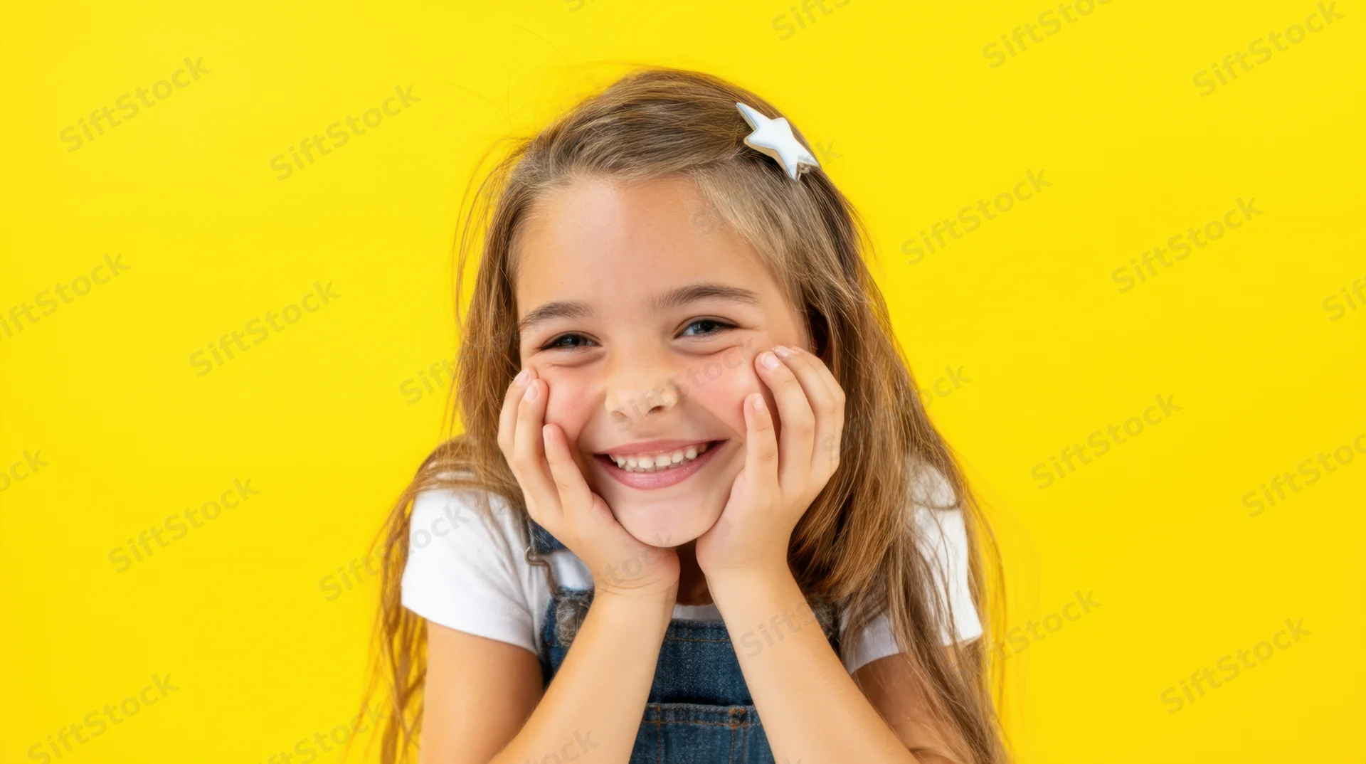 Young girl smiling with hands on cheeks against yellow background