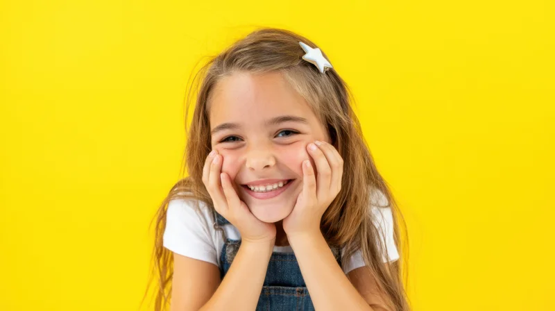 Young girl smiling with hands on cheeks against yellow background