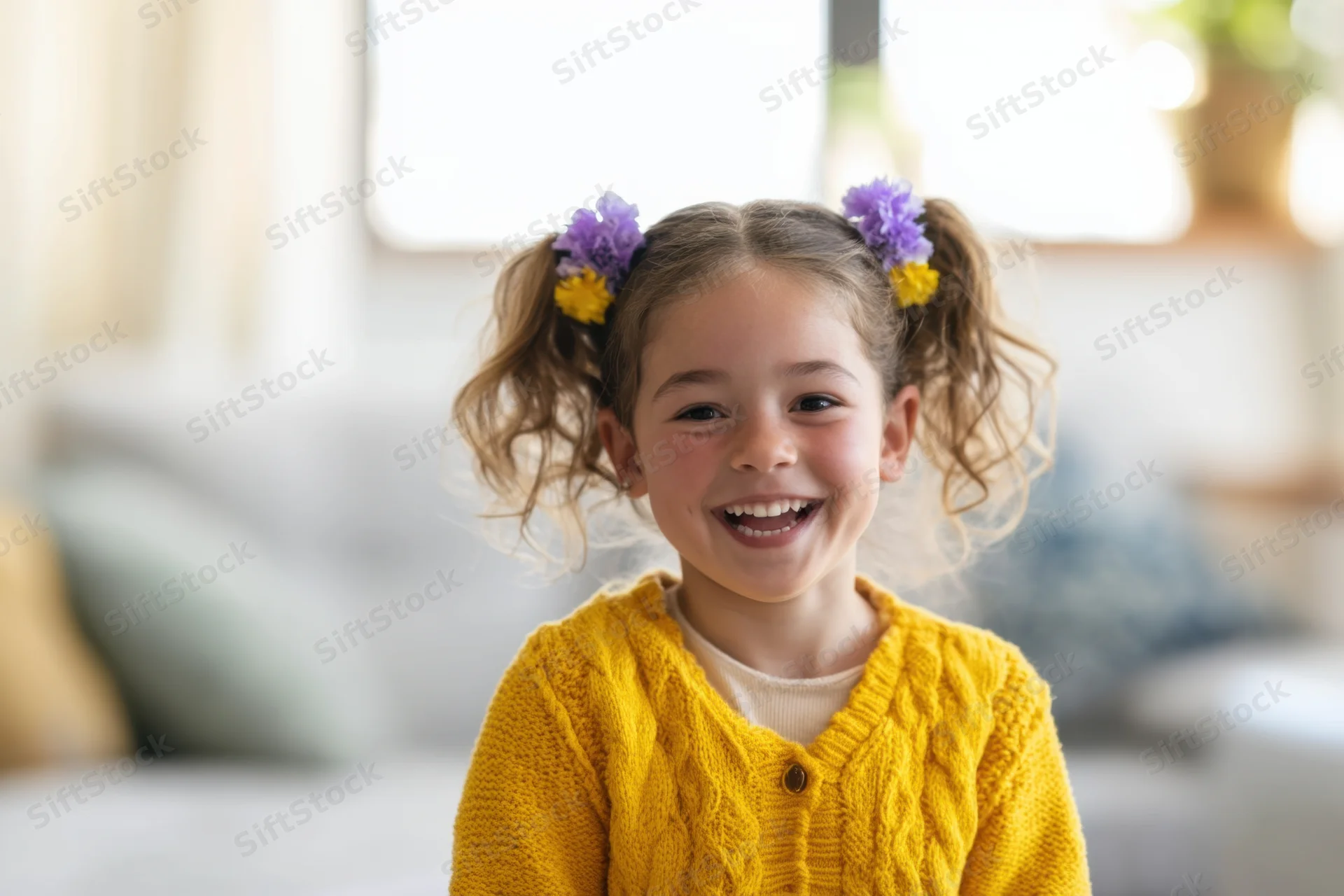 Young girl smiling with flower-adorned pigtails in a bright living room