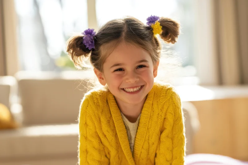 Young girl smiling with puff ponytails adorned with flowers, wearing yellow knit sweater indoors