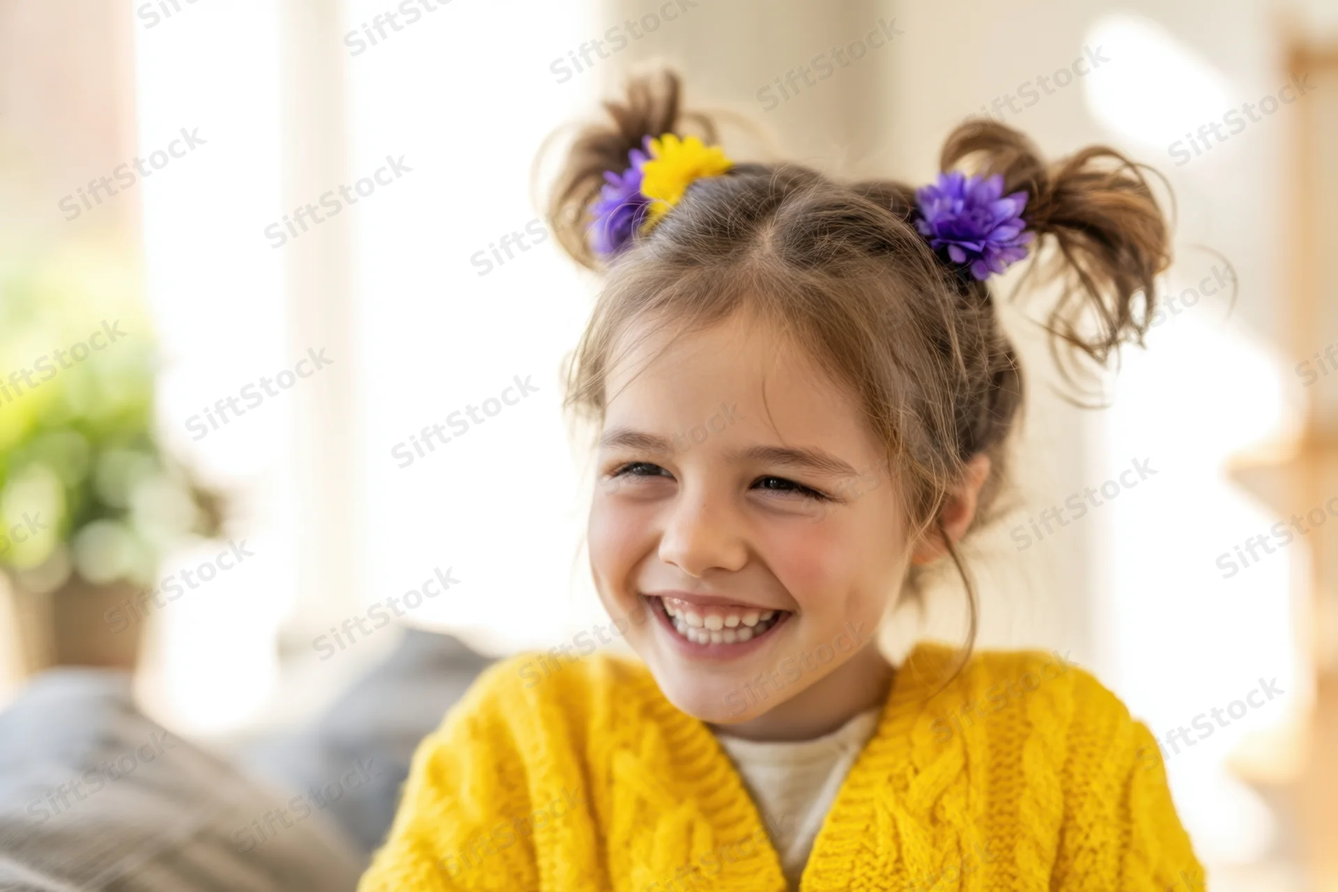 Young girl smiling with flower-adorned ponytails indoors wearing yellow knit sweater