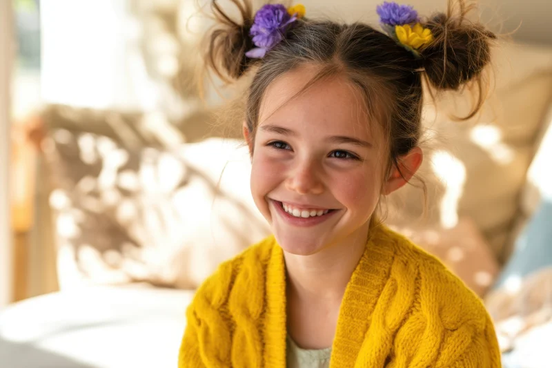 Young girl smiling with floral ponytails in a sunlit bedroom