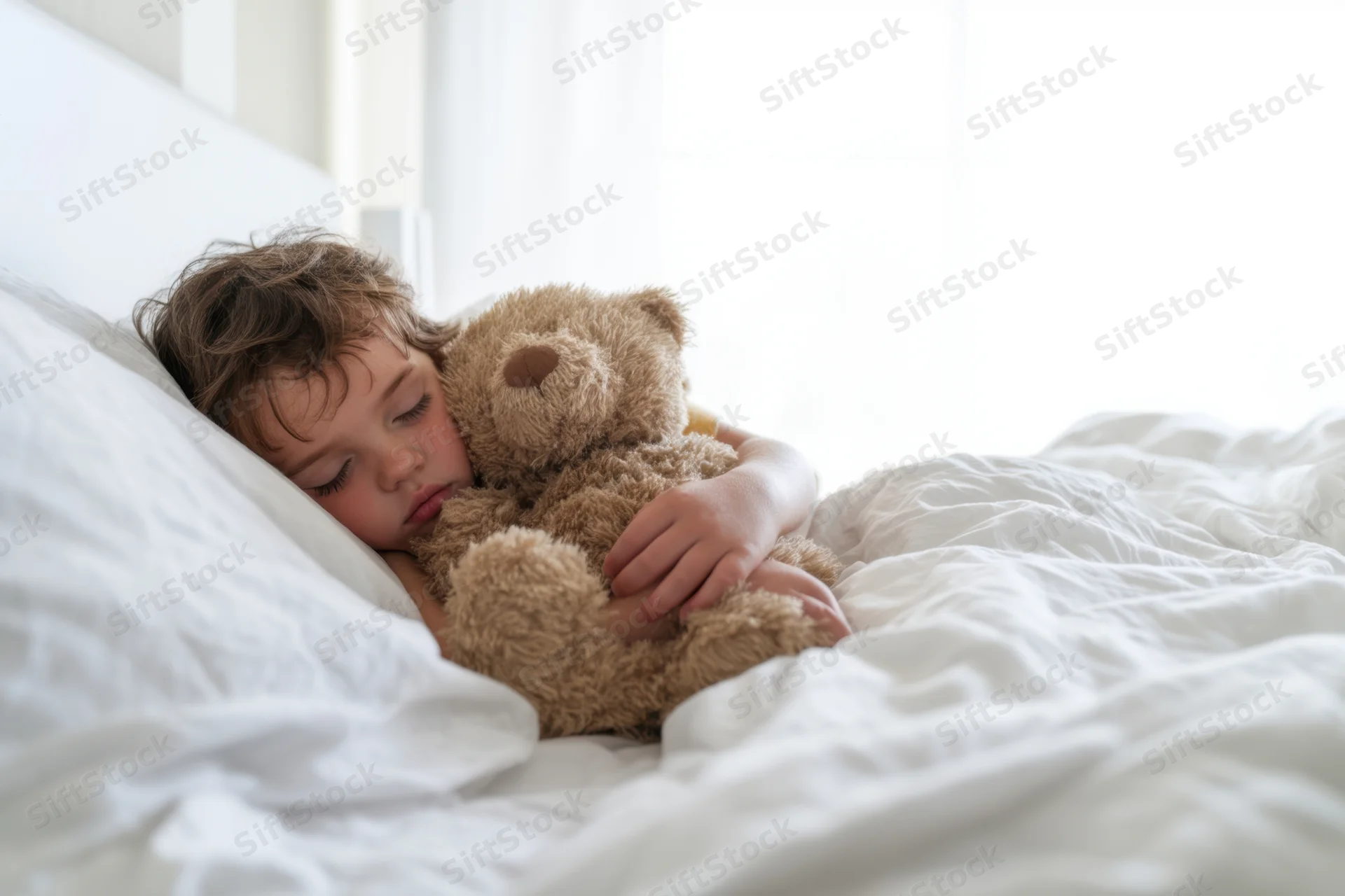 Young child sleeping peacefully in bed hugging a plush teddy bear