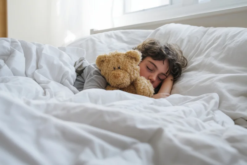Child sleeping peacefully in bed hugging a plush teddybear