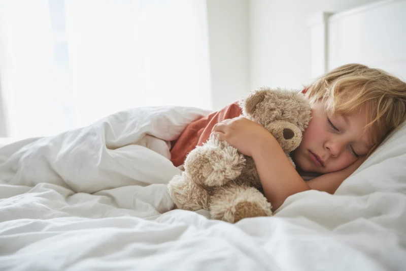 Child sleeping peacefully in bed hugging a plush teddybear under white blanket in bright bedroom