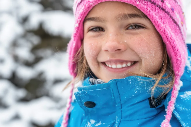 Smiling girl in pink knit hat and blue winter jacket outdoors in snow