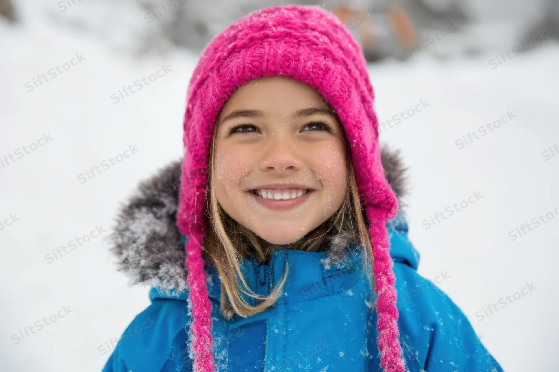 Smiling girl in pink knit hat and blue winter jacket outdoors in snow