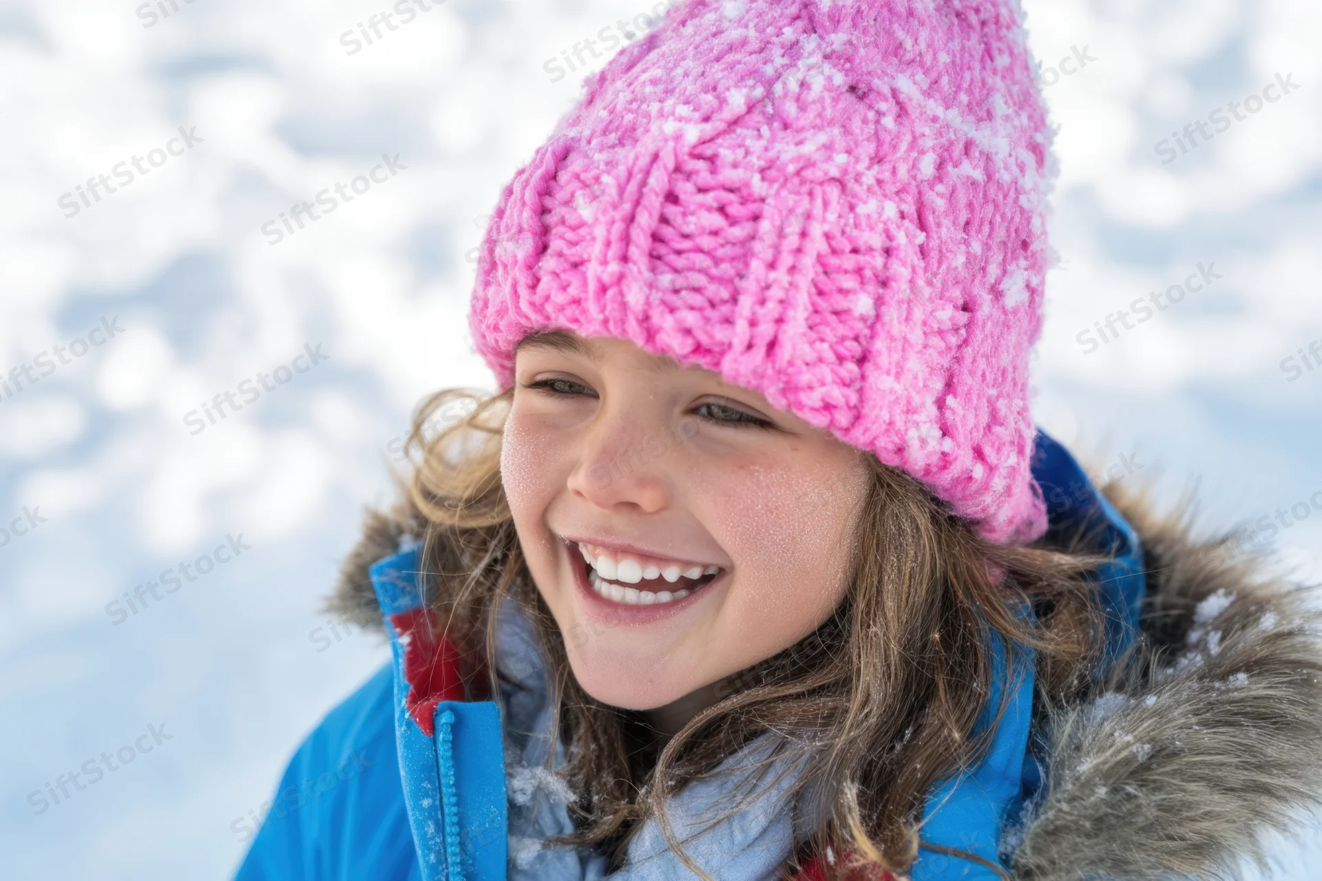 Smiling girl in pink knit hat and blue winter jacket outdoors in snow