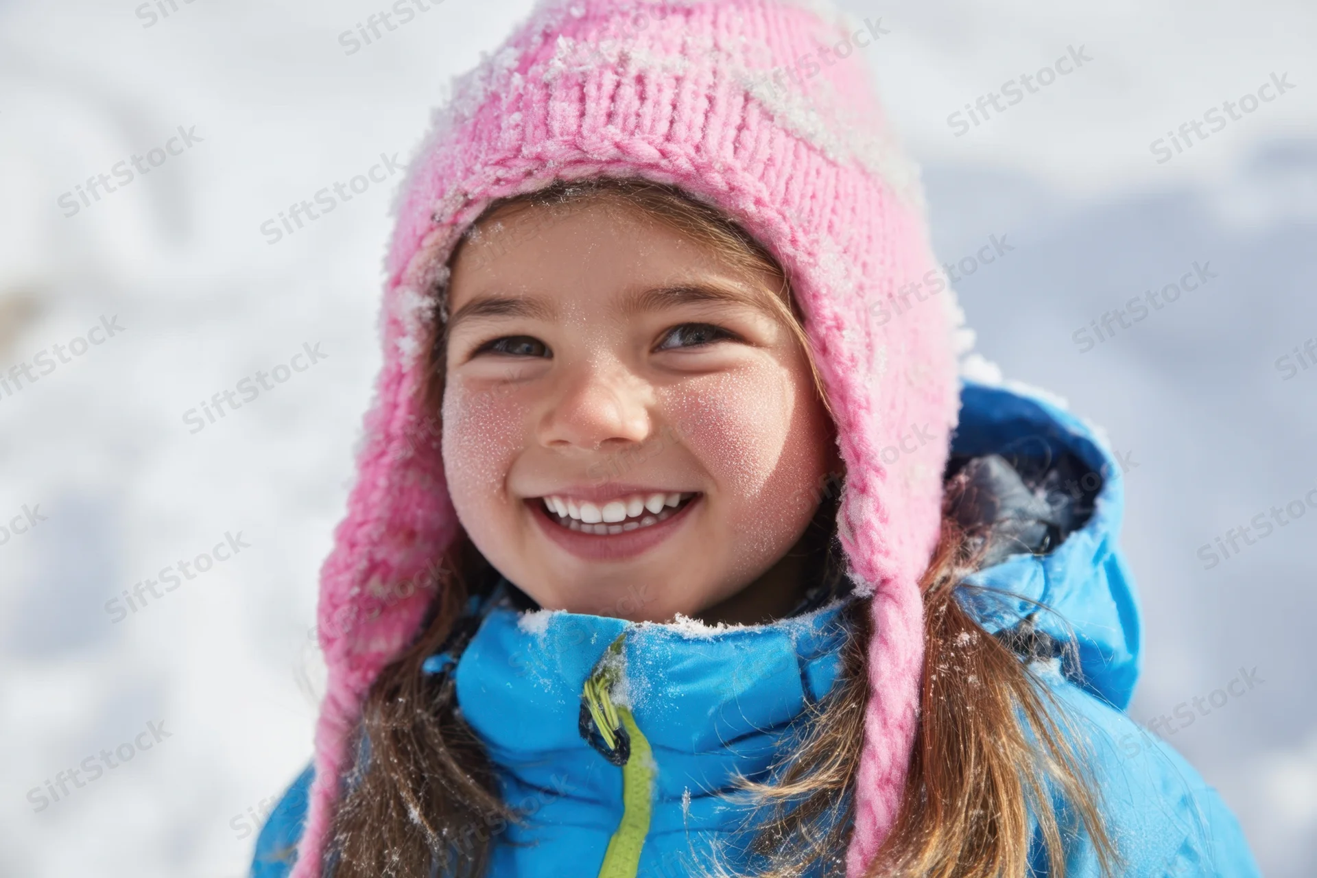 Smiling girl in pink knit hat and blue winter jacket outdoors in snow