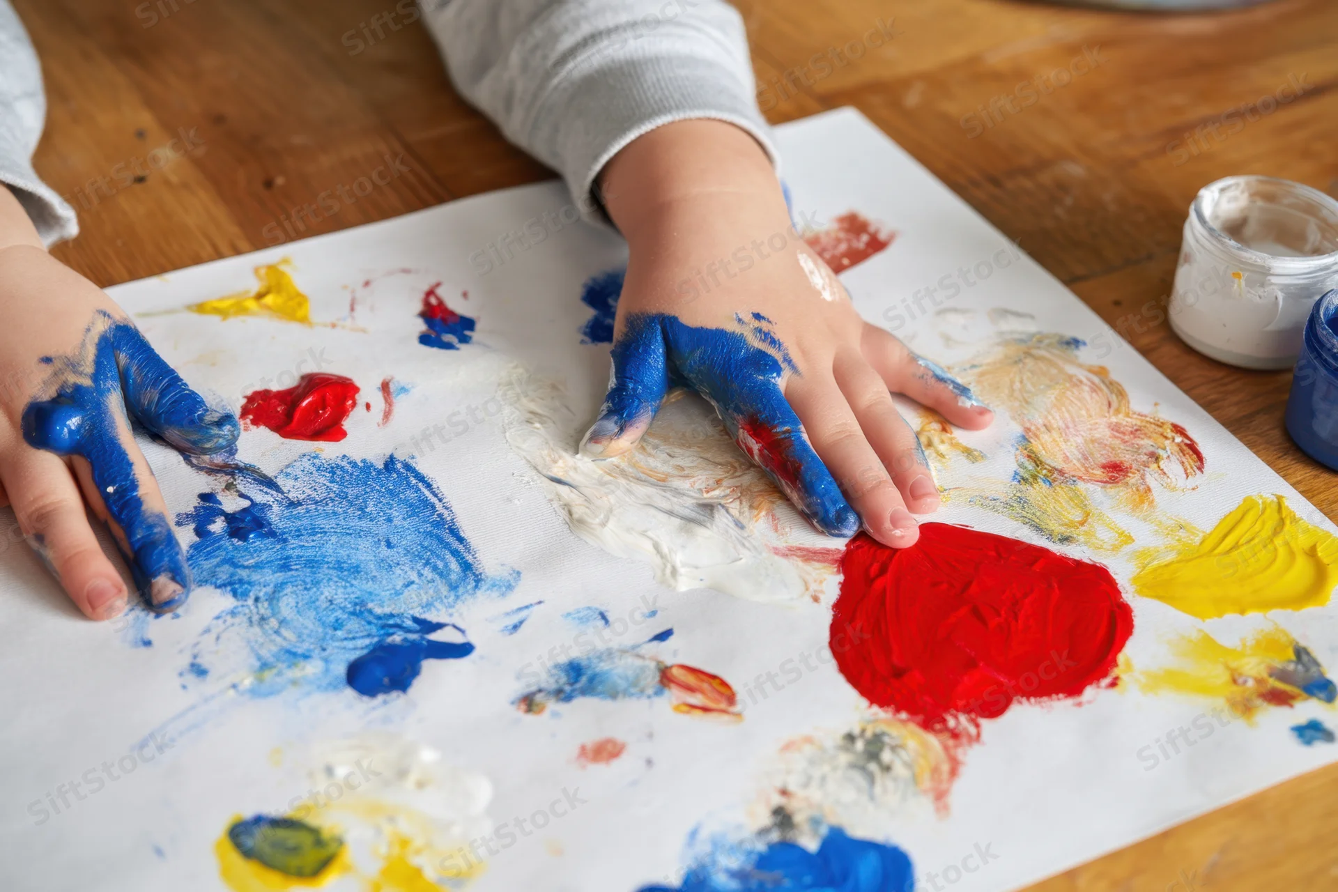 Child's hands covered in blue red yellow and white paint making marks on paper on wooden table
