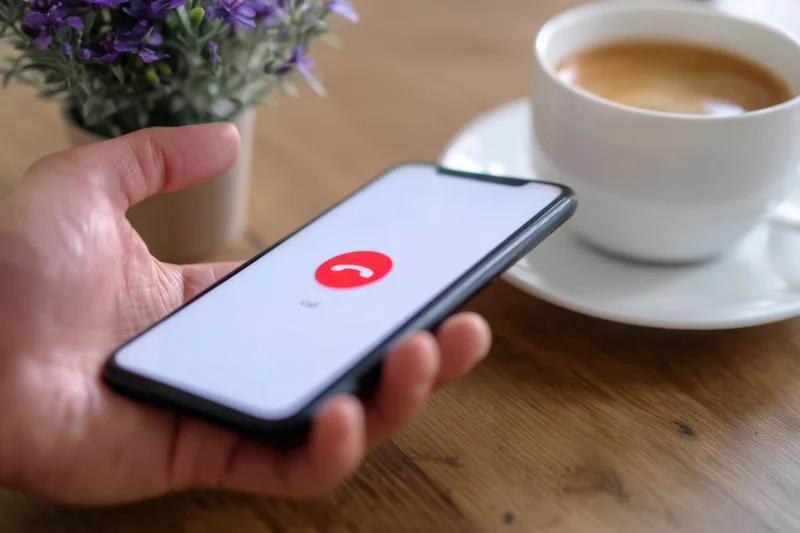 Hand holding smartphone with call ending screen near coffee cup on wooden table