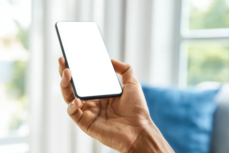 Hand holding smartphone with blank white screen in living room near window