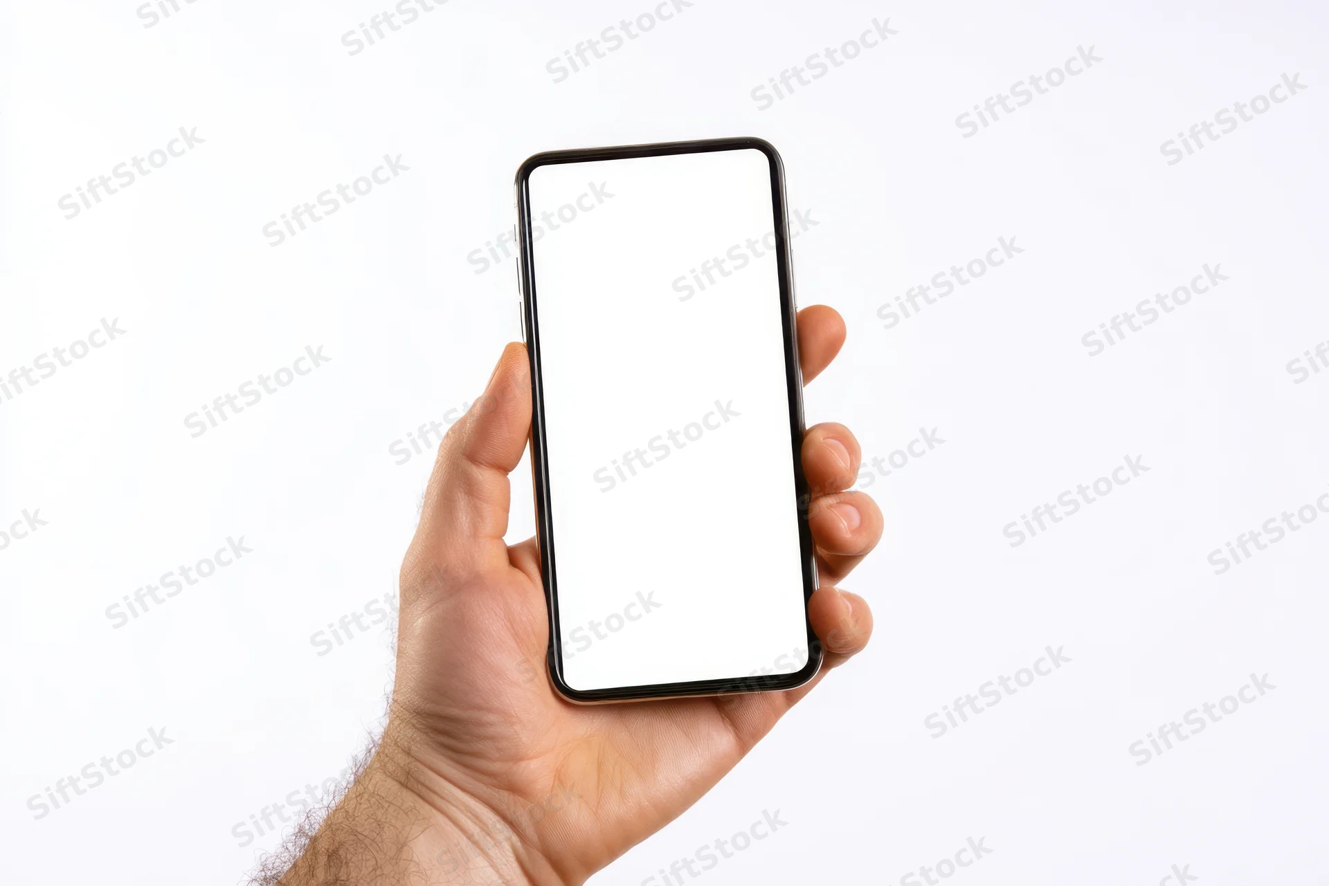Hand holding smartphone with blank white screen against white background