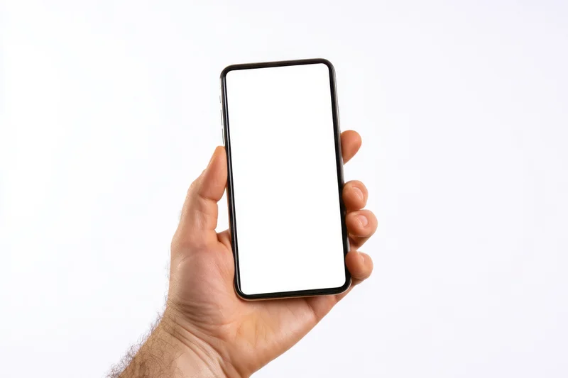 Hand holding smartphone with blank white screen against white background