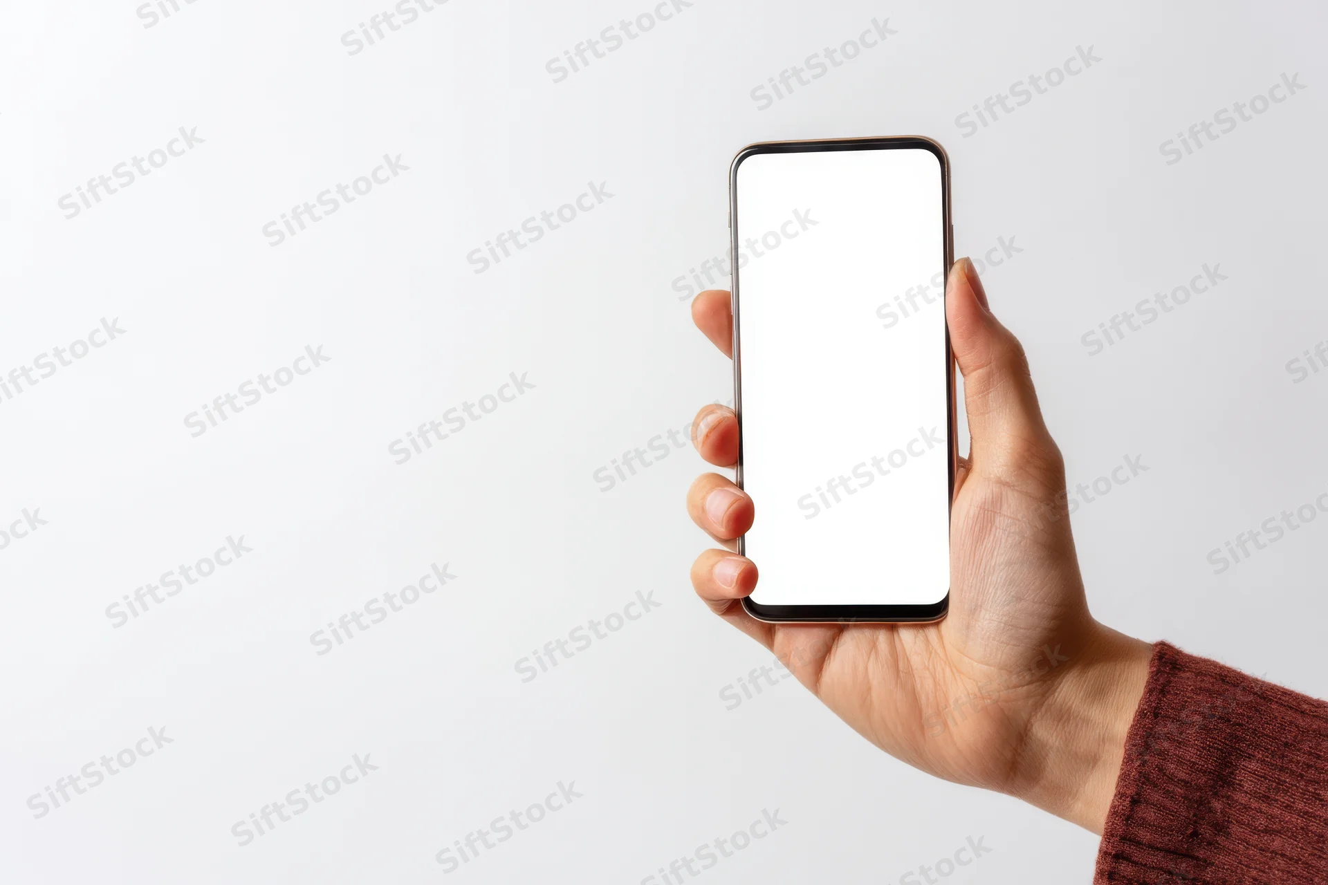 Hand holding smartphone with blank white screen against white background
