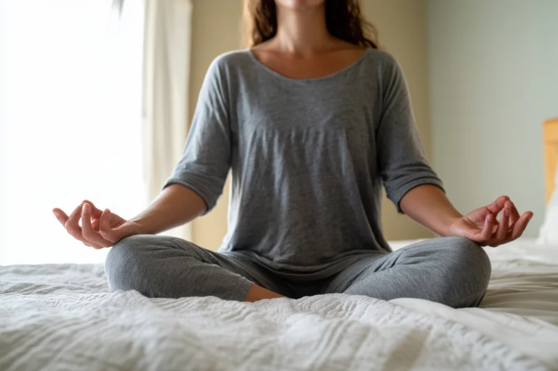 Woman meditating cross-legged on bed in bedroom with hands in gesture of calm