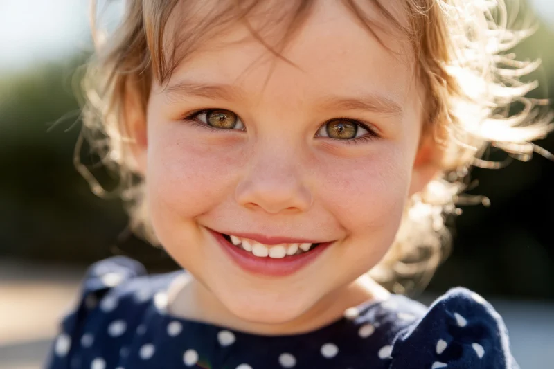 Close-up of a smiling toddler girl with light brown curly hair and hazel eyes wearing a navy polka dot dress outdoors in sunlight