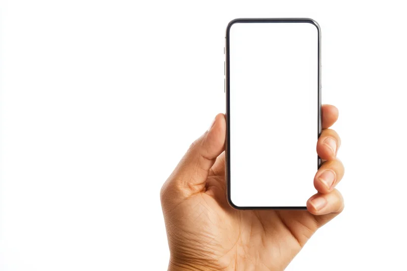Hand holding smartphone with blank white screen against white background