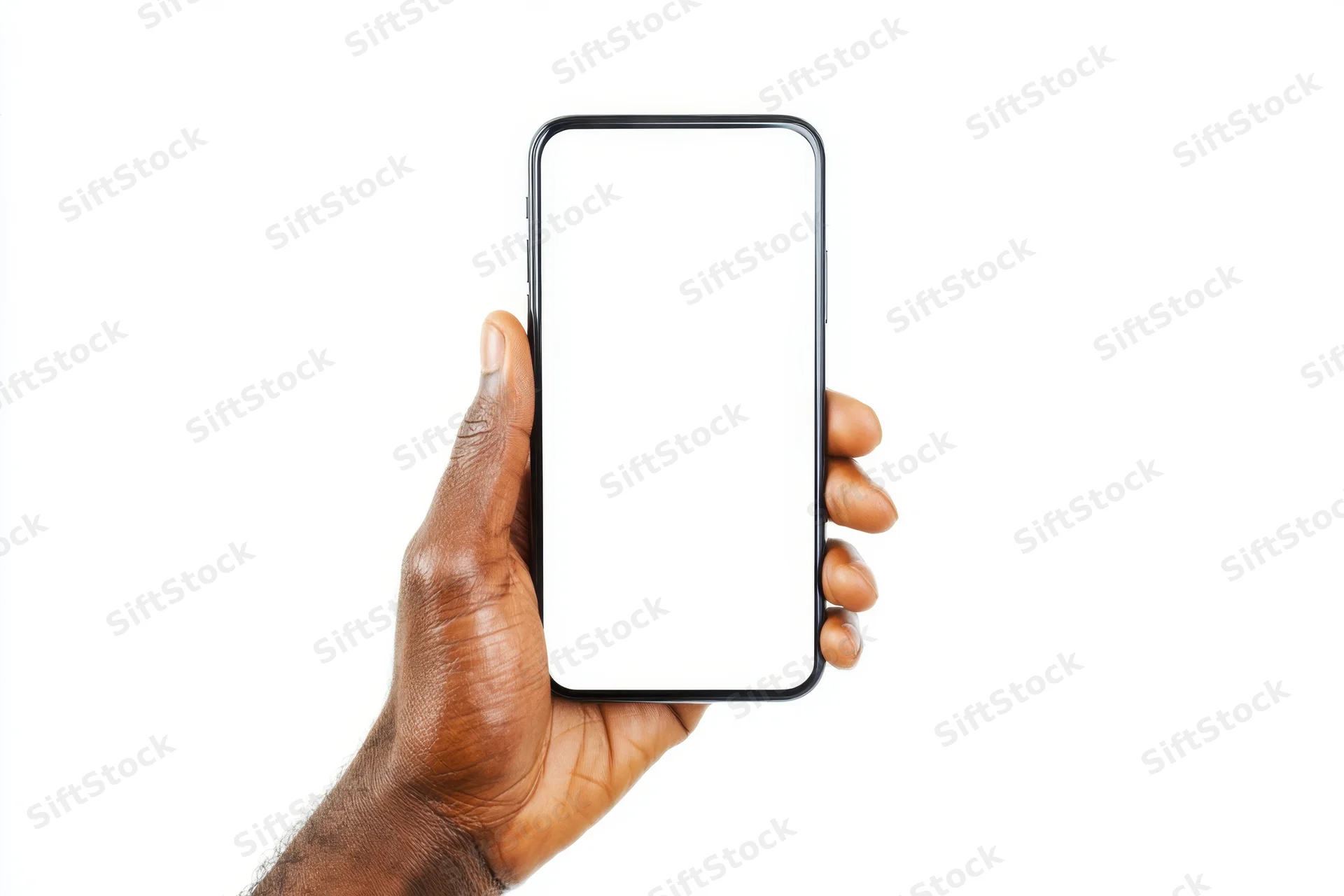 Hand holding smartphone with blank screen against white background