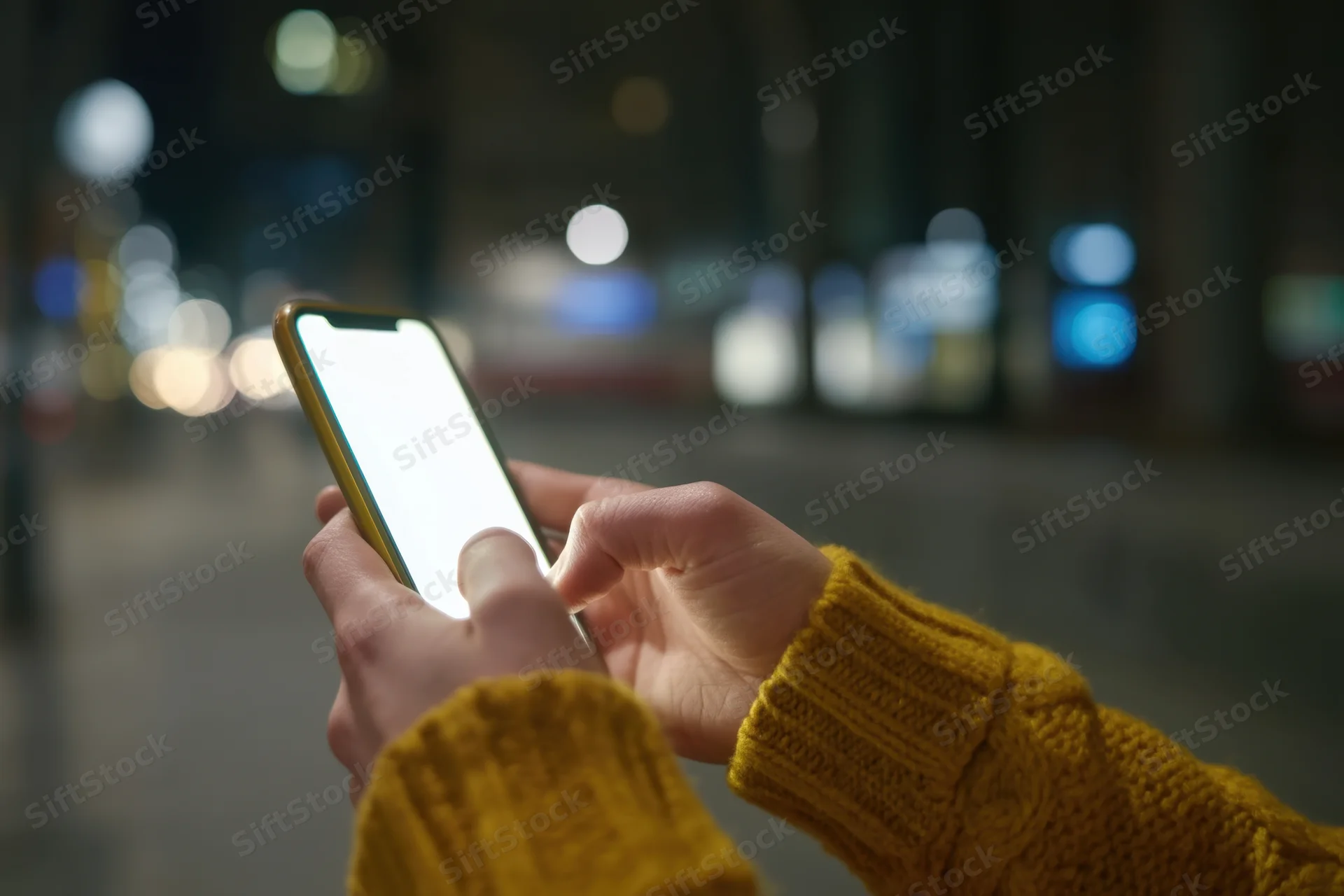 Hands holding smartphone with bright screen in city at night, wearing mustard-yellow knitted sleeves