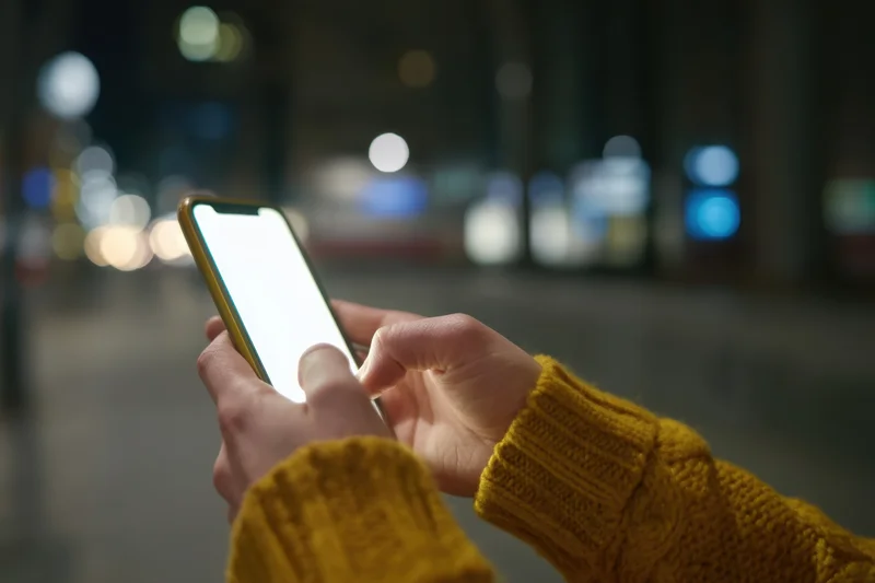 Hands holding smartphone with bright screen in city at night, wearing mustard-yellow knitted sleeves