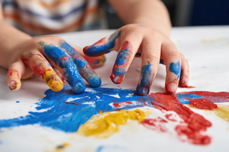 Child's hands covered in bright paint pressing onto white paper during finger painting activity