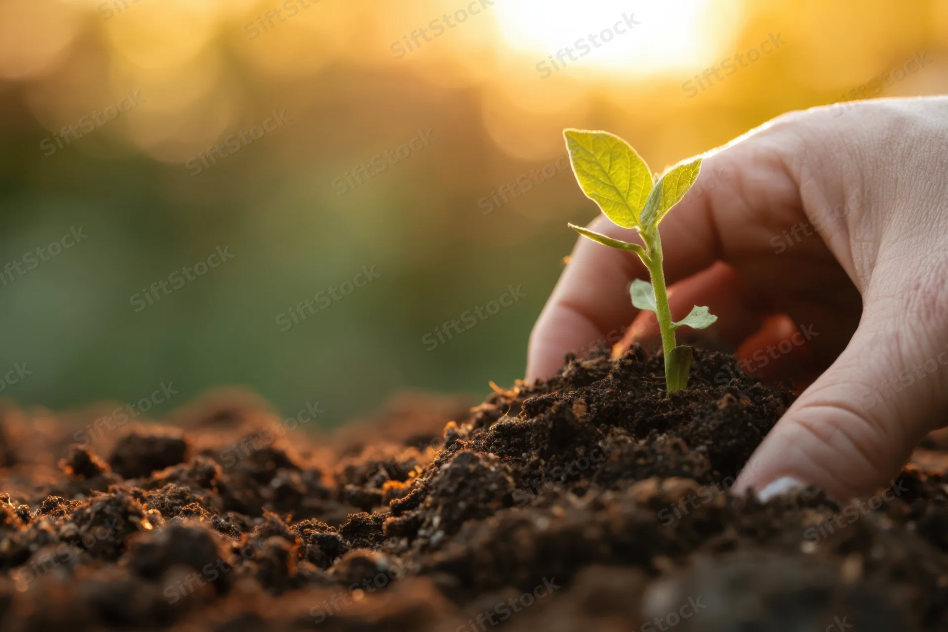 Hand planting a young seedling into soil at golden hour