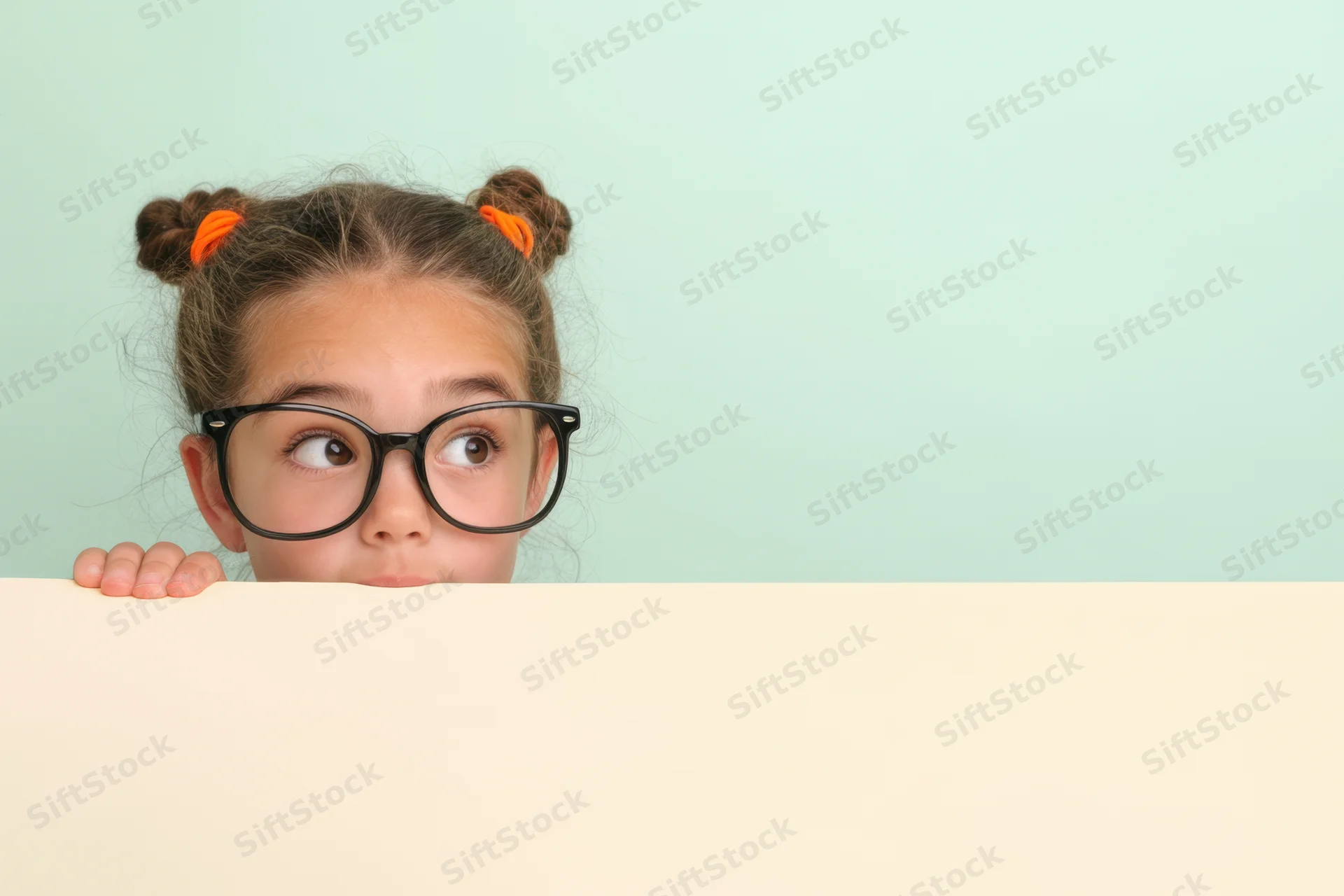 Young girl with oversized glasses peeking over a pale surface in a studio setting