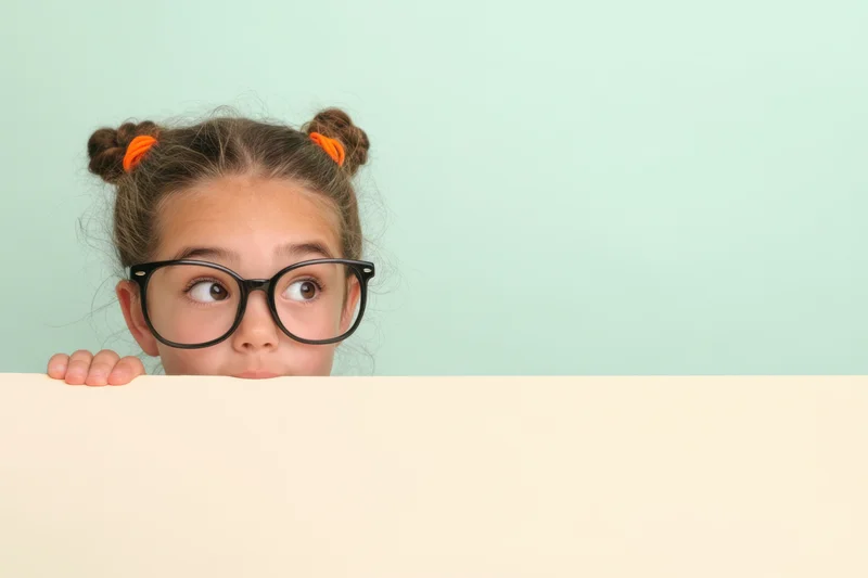 Young girl with oversized glasses peeking over a pale surface in a studio setting