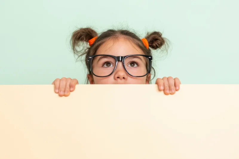 Young girl with oversized glasses peeking over a pale board in studio setting